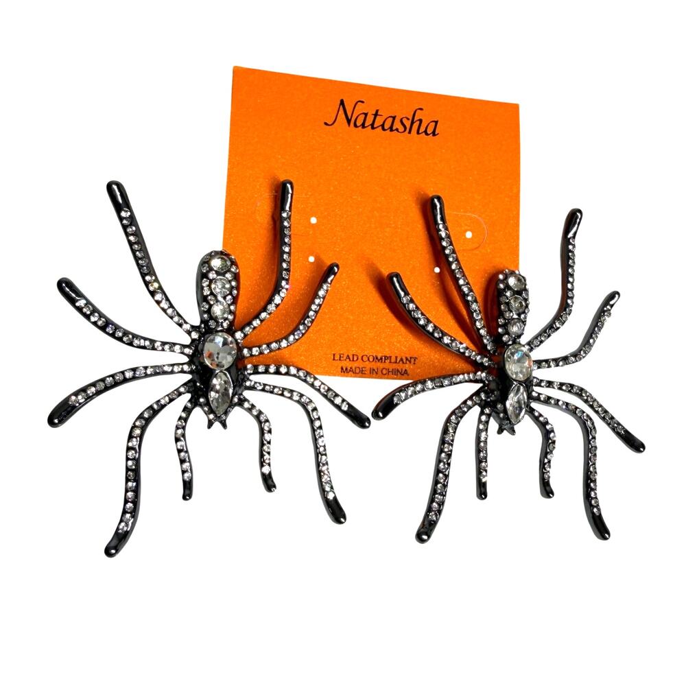 Natasha Halloween Crystal and black Oversized Spider Statement Earrings NWT